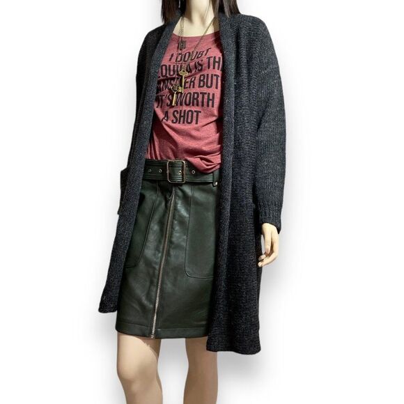 Dark Gray Draped Collar Open Front Pockets Heavy Wool Long Sweater Cardigan NEW - Picture 2 of 4